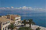 Sea view over a sea side cafe from Corfu Town, Corfu Island, Ionian Islands, Greek Islands, Greece, Europe