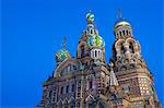 The Church on Spilled Blood illuminated at dusk, UNESCO World Heritage Site, St. Petersburg, Russia, Europe