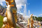 Golden statues and fountains of the Grand Cascade at Peterhof Palace, St. Petersburg, Russia, Europe