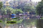 Boat moored on the still Kerala Backwaters, Kerala, India, Asia