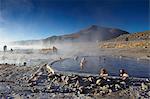 Tourists in hot springs of Termas de Polques on the Altiplano, Potosi Department, Bolivia, South America