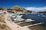 Boats moored in bay, Copacabana, Lake Titicaca, Bolivia, South America