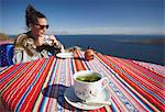Cocoa leaf tea at outdoor cafe on Isla del Sol (Island of the Sun), Lake Titicaca, Bolivia, South America