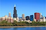 Chicago skyline and Lake Michigan with the Willis Tower, formerly the Sears Tower on the left, Chicago, Illinois, United States of America, North America