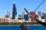 Chicago cityscape from Lake Michigan, the Adler Planetarium Sundial in the foreground with the Willis Tower, formerly the Sears Tower, beyond, Chicago, Illinois, United States of America, North America