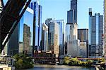 Chicago River and towers including the Willis Tower, formerly Sears Tower, with a disused raised rail bridge in the foreground, Chicago, Illinois, United States of America, North America