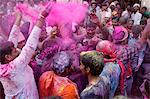 Dancers celebrating Holi festival in Barsana temple, Barsana, Uttar Pradesh, India, Asia