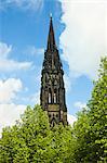 Spire of the ruined St. Nicholas Church, a marker for WWII bombers that devastated the city, now a war memorial, Hamburg, Germany, Europe