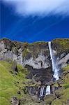 Waterfall in summer sunshine at Foss a Sidu, South coast, Iceland, Polar Regions