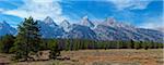 Panoramic view of Cathedral Group from near Teton Glacier Turnout, Grand Teton National Park, Wyoming, United States of America, North America