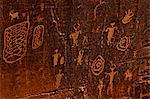 Horned anthropomorphs holding shields, Formative Period Petroglyphs, Utah Scenic Byway 279, Potash Road, Moab, Utah, United States of America, North America