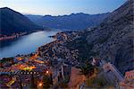 View of Bay of Kotor from Fortress at dusk, Kotor, UNESCO World Heritage Site, Montenegro, Europe