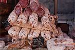 Saucisson on sale at a market in Tours, Indre-et-Loire, Loire Valley, France, Europe