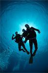 Low angle view of three scuba divers, backlit, Sharm El Sheikh, South Sinai, Red Sea, Egypt, North Africa, Africa