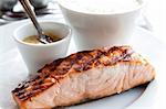 grilled salmon and rice-french cuisine dish with tomato and salmon