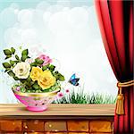 Flowerpot with roses and red curtain over landscape