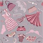 Seamless pattern with various  women's clothing, shoes and accessories in pink color
