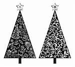 Christmas holiday trees, black silhouette on white background, with outline floral pattern and cartoons. Vector