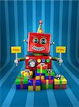 Little happy vintage toy robot holding birthday signs with presents over blue background