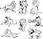 Stylized lions. Set of black and white vector illustrations.