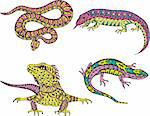 Stylized motley snake and lizards. Set of color vector illustrations.