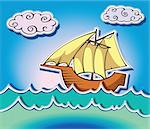 Stylized sailing ship in oceanic waves, vector illustration