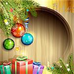 Wood background with Christmas ball and gifts