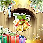Wood background with Christmas bells and gifts