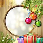 Wood background with Christmas balls and gifts