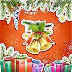 Red background with Christmas bells and gifts