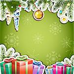 Green background with Christmas gifts and ball