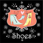 Bright decorative background with shoes on black with snowflakes