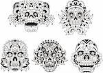 Floral ornamental skulls. Set of black and white vector illustrations.