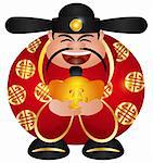 Happy Chinese Lunar New Year Prosperity Money God Holding Gold Bar Illustration Isolated on White Background