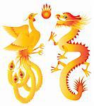 Dragon and Phoenix Symbols for Chinese Wedding  with Flaming Ball Illustration Isolated on White Background