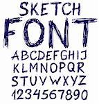 Handwritten blue sketch alphabet. Vector illustration