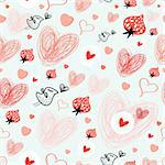 Seamless bright pattern of hearts and birds on a light blue background with strawberries