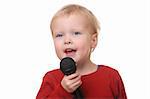Young toddler with microphone on white background