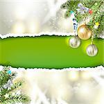 Christmas background with balls and pine tree branch