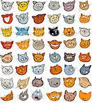 Cartoon Illustration of Different Happy Cats ot Kittens Heads Big Collection Set