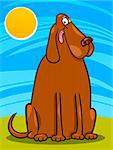 Cartoon Illustration of Funny Big Brown Dog against Blue Sky with Sun