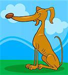 Cartoon Illustration of Funny Greyhound Dog against Sky with Clouds