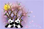 Two pandas sitting under a dry tree with blossoming flowers. Painted bird, pandas, flowers and leaves.