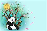 Panda sitting under a dry tree with blossoming flowers. Painted birds, panda, flowers and leaves.