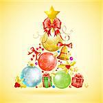 Christmas Greeting Card with Decorative Christmas Tree, vector illustration
