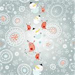 Seamless winter pattern with snowman and birds on a gray background with snowflakes