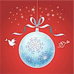 bright decorative Christmas ball on a red background with snowflakes and birds