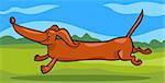 Cartoon Illustration of Cute Running Dachshund Dog against Rural Scene with Green Fields and Blue Sky