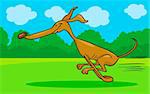 Cartoon Illustration of Funny Purebred Running Greyhound Dog against Rural Scene with Blue Sky and Green Grass