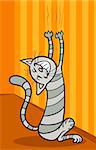 Cartoon Illustration of Funny Tabby Cat Scratching the Wall